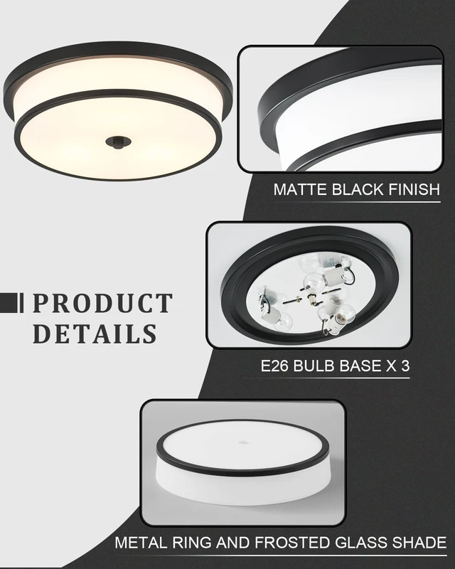 Alt view image 3 of 7 - 16 inch Flush Mount Ceiling Light, 3-Light Close to Ceiling Light Fixtures with Black Finish for Livingroom Bedroom Kitchen Diningroom(Black)
