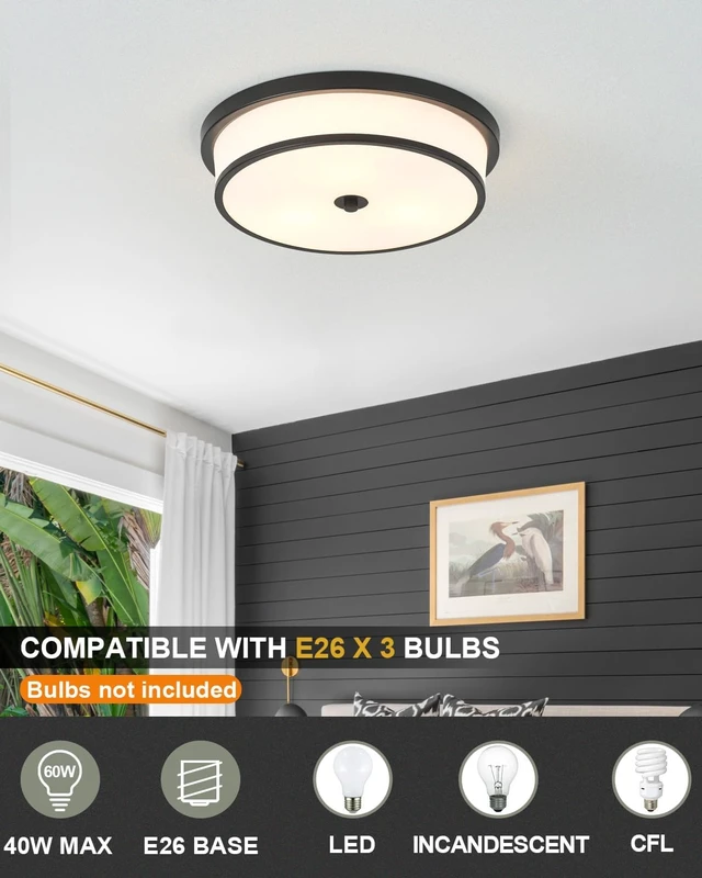 Alt view image 2 of 7 - 16 inch Flush Mount Ceiling Light, 3-Light Close to Ceiling Light Fixtures with Black Finish for Livingroom Bedroom Kitchen Diningroom(Black)
