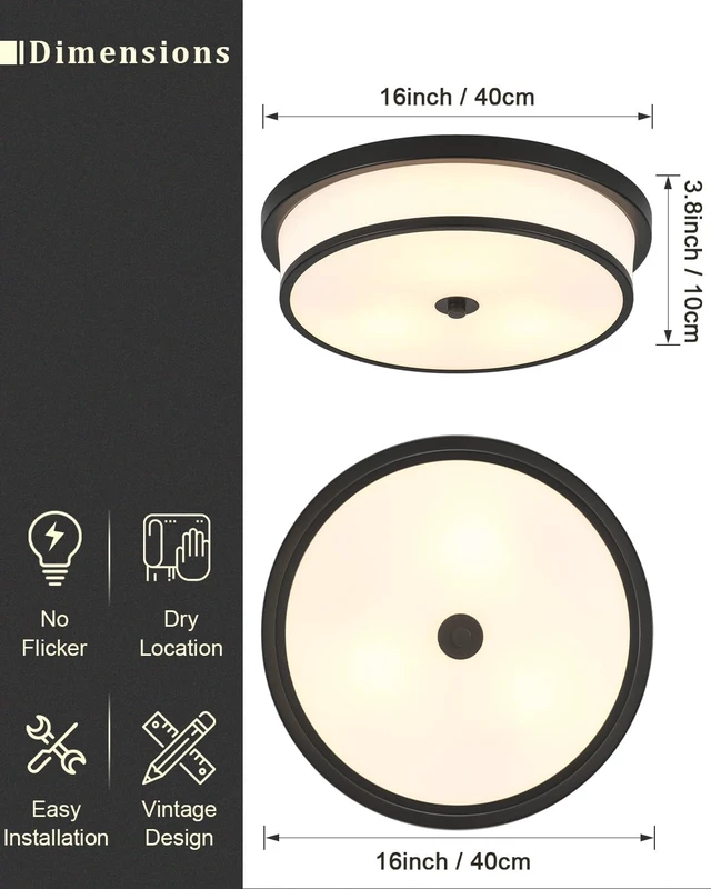 Alt view image 4 of 7 - 16 inch Flush Mount Ceiling Light, 3-Light Close to Ceiling Light Fixtures with Black Finish for Livingroom Bedroom Kitchen Diningroom(Black)