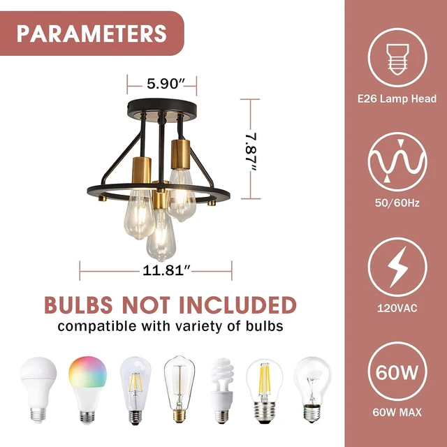 Alt view image 2 of 7 - Industrial Semi Flush Mount Ceiling Light Fixture 3-Light Matte Black and Gold Chandelier E26 Farmhouse Ceiling Lamp for Entryway Hallway Bedroom Passway Balcony