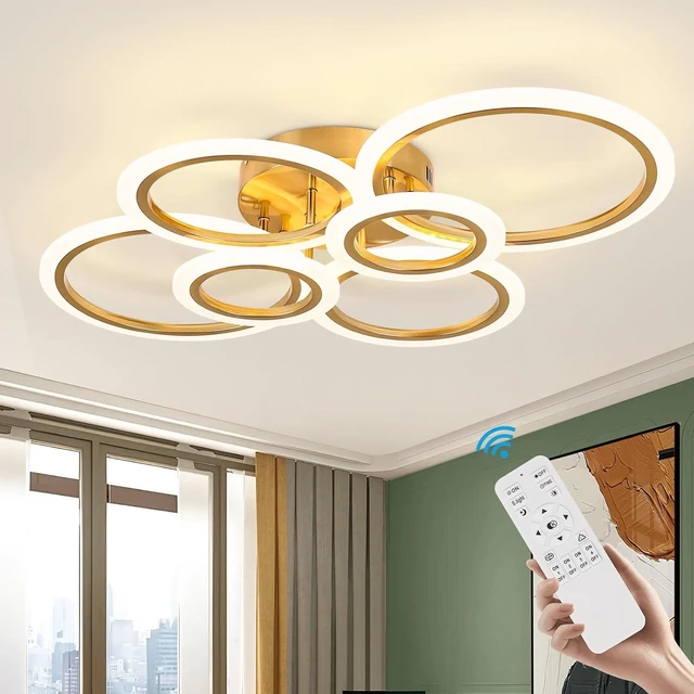 Main image of Gold Modern Flush Mount Ceiling Light,6 Rings Dimmable LED Modern Ceiling Light Fixture with Remote,Close to Ceiling Lamp for Living Room Bedroom Kitchen Lighting Fixtures Ceiling Mount