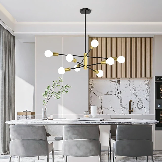 Alt view image 7 of 7 - Phaosio Sputnik Chandelier 8-Light, Mid Century Modern Height Adjustable Ceiling Light Fixture for Dining Room, Kitchen Island, Living Room,Bedroom-Black and Gold