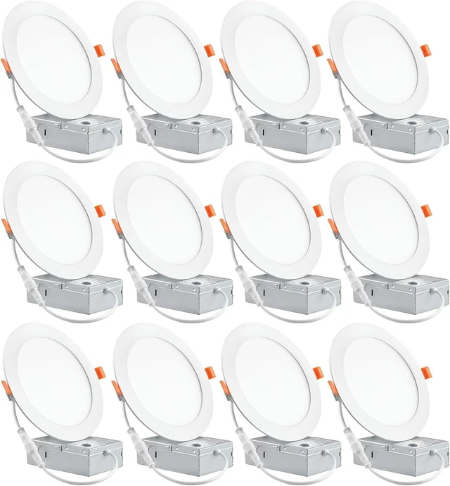 Main image of 12 Pack 6 Inch Ultra-Thin LED Recessed Ceiling Light with Junction Box, 6000K Can Lights, 12W 110W Eqv, recessed Lighting 6 inch led Lights, 1050LM High Brightness LED Lights