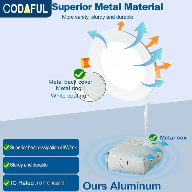 Alt view image 2 of 7 - 12 Pack 6 Inch Ultra-Thin LED Recessed Ceiling Light with Junction Box, 6000K Can Lights, 12W 110W Eqv, recessed Lighting 6 inch led Lights, 1050LM High Brightness LED Lights