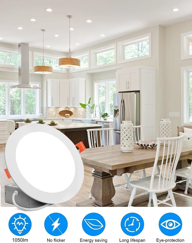 Alt view image 5 of 7 - 12 Pack 6 Inch Ultra-Thin LED Recessed Ceiling Light with Junction Box, 6000K Can Lights, 12W 110W Eqv, recessed Lighting 6 inch led Lights, 1050LM High Brightness LED Lights