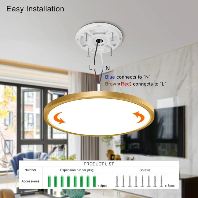 Alt view image 6 of 7 - 12 Inch Gold Flush Mount Ceiling Light, 2 Pack 24W 3200LM 5000K Daylight White LED Ceiling Light Fixture, Ultra Thin Round Flat Ceiling Light for Bedroom, Kitchen, Bathroom, Hallway