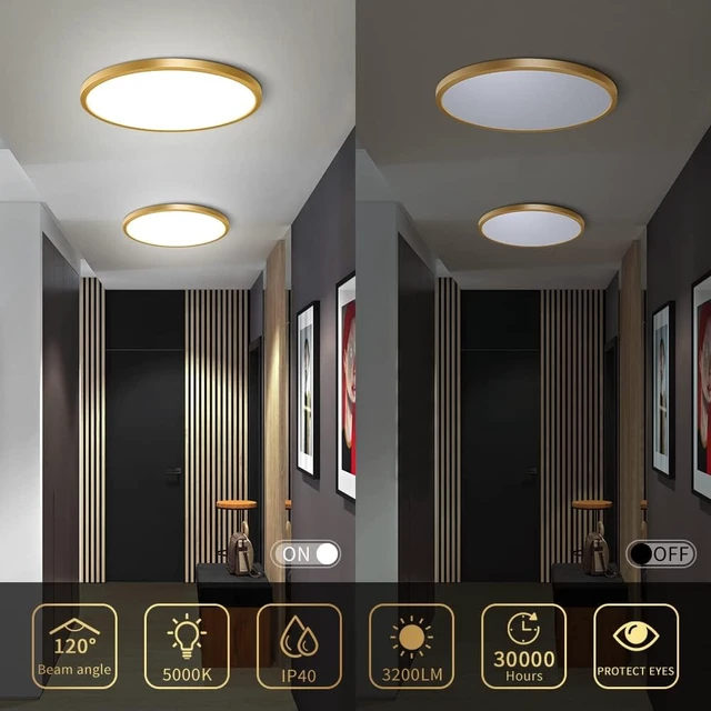 Alt view image 5 of 7 - 12 Inch Gold Flush Mount Ceiling Light, 2 Pack 24W 3200LM 5000K Daylight White LED Ceiling Light Fixture, Ultra Thin Round Flat Ceiling Light for Bedroom, Kitchen, Bathroom, Hallway