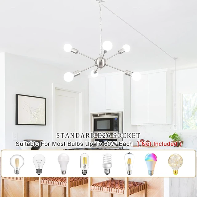 Alt view image 3 of 7 - Hanging Lamp Plug in Chandelier 6 Lights Hanging Lights with Plug in Cord 16.4ft and On/Off Switch Brushed Nickel Plug in Pendant Ceiling Light Fixture for Dining Living Room Foyer