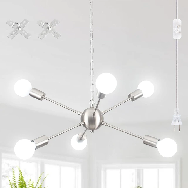 Main image of Hanging Lamp Plug in Chandelier 6 Lights Hanging Lights with Plug in Cord 16.4ft and On/Off Switch Brushed Nickel Plug in Pendant Ceiling Light Fixture for Dining Living Room Foyer
