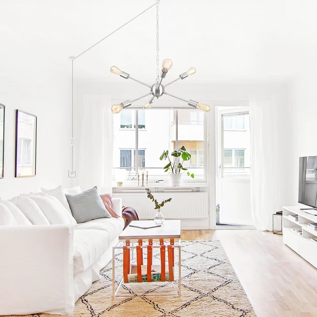 Alt view image 6 of 7 - Hanging Lamp Plug in Chandelier 6 Lights Hanging Lights with Plug in Cord 16.4ft and On/Off Switch Brushed Nickel Plug in Pendant Ceiling Light Fixture for Dining Living Room Foyer