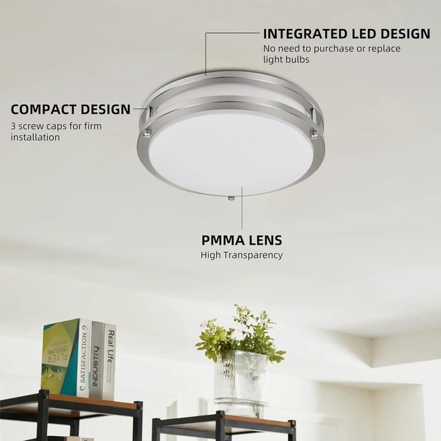 Alt view image 3 of 7 - hykolity 16 inch Dimmable LED Flush Mount Ceiling Light Fixture, Brushed Nickel, 36W, 2200LM, 2.7/3/3.5/4K/5K Adjustbale, 120°Light Angle, CRI90, Ceiling Lamp for Bedroom, Kitchen, Office, ETL Listed