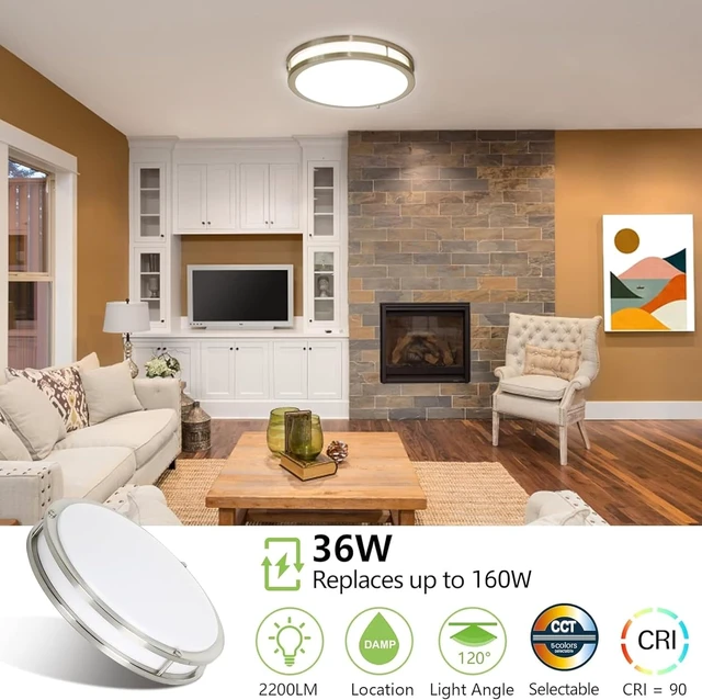 Alt view image 6 of 7 - hykolity 16 inch Dimmable LED Flush Mount Ceiling Light Fixture, Brushed Nickel, 36W, 2200LM, 2.7/3/3.5/4K/5K Adjustbale, 120°Light Angle, CRI90, Ceiling Lamp for Bedroom, Kitchen, Office, ETL Listed