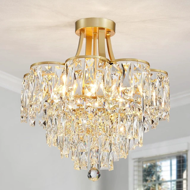 Main image of WUZUPS Crystal Chandelier Semi-Flushmount Ceiling Light Modern Lighting Fixture for Bedroom Hallway Entry Kitchen Bathroom, H 19.3" x W 18.3", E12 Base, Gold