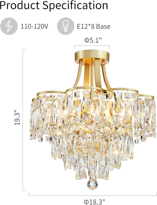 Alt view image 2 of 7 - WUZUPS Crystal Chandelier Semi-Flushmount Ceiling Light Modern Lighting Fixture for Bedroom Hallway Entry Kitchen Bathroom, H 19.3" x W 18.3", E12 Base, Gold