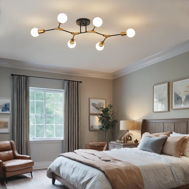 Alt view image 5 of 6 - Mid Century Gold and black Sputnik Semi Flush Mount Ceiling Light Fixture