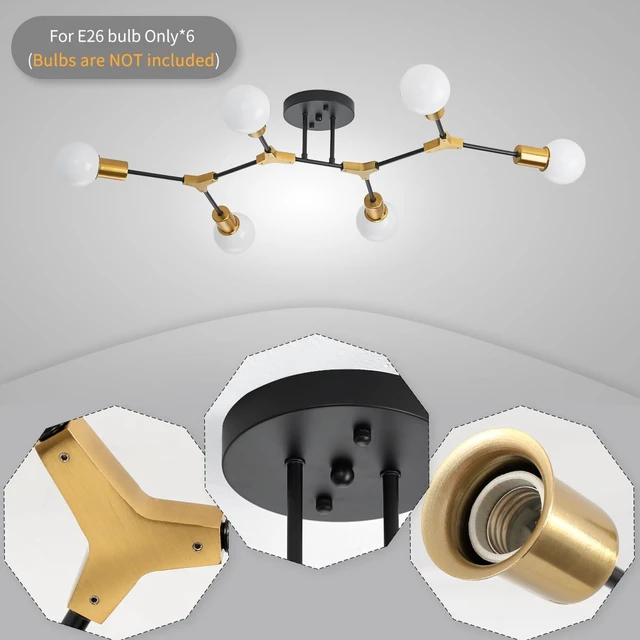 Alt view image 6 of 6 - Mid Century Gold and black Sputnik Semi Flush Mount Ceiling Light Fixture