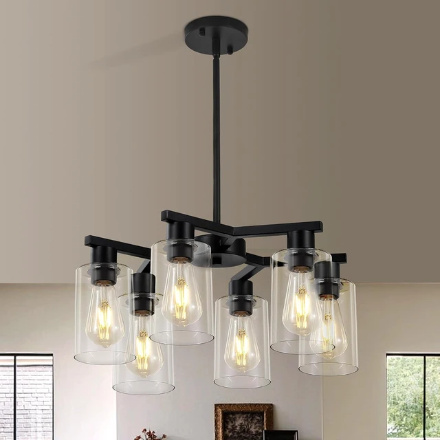 Alt view image 6 of 6 - 6-Light Modern Farmhouse Black Chandelier, Dining Room Light Fixture Over Table Adjustable Height Hanging Industrial Pendant Lights Kitchen Island, Clear Glass Shade