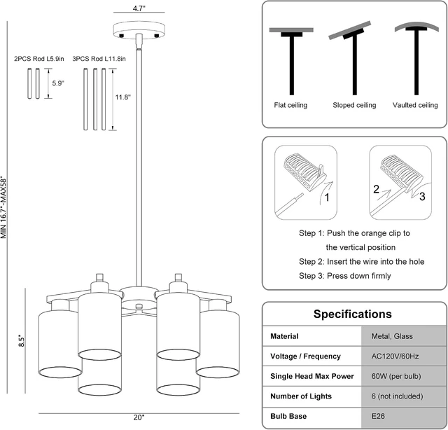 Alt view image 4 of 6 - 6-Light Modern Farmhouse Black Chandelier, Dining Room Light Fixture Over Table Adjustable Height Hanging Industrial Pendant Lights Kitchen Island, Clear Glass Shade