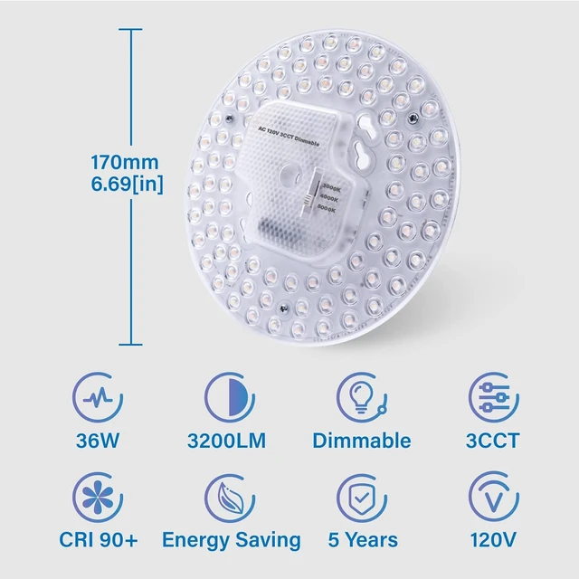 Alt view image 5 of 7 - Lustaled 2Pack 36W LED Light Engine Retrofit Kit,6.69inch 3200LM 3CCT 3000K/4000K/5000K Dimmable Ceiling Fan Light Kits,AC 120-130V Ceiling Fan Light Replacement for Ceiling Flush Light