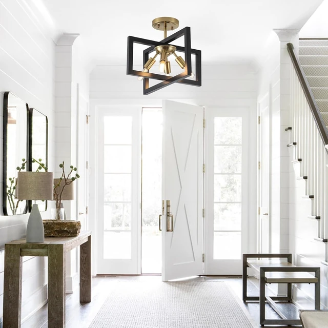 Alt view image 2 of 7 - Semi-Flush Mount Ceiling Light - Modern Industrial Light Fixture Black and Gold,4-Light Candelabra Lighting Ceiling Lamp for Kitchen Foyer Entryway Hallway Bedroom Closet