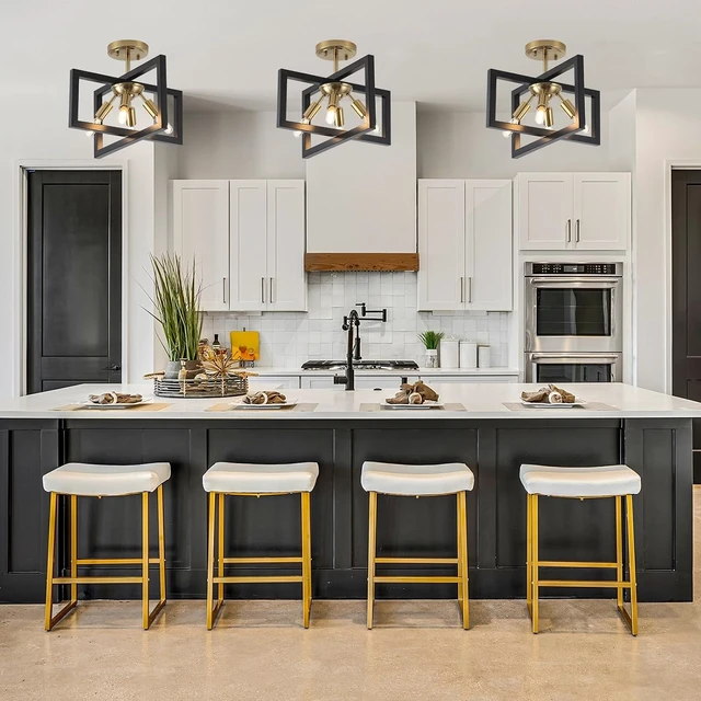 Alt view image 3 of 7 - Semi-Flush Mount Ceiling Light - Modern Industrial Light Fixture Black and Gold,4-Light Candelabra Lighting Ceiling Lamp for Kitchen Foyer Entryway Hallway Bedroom Closet