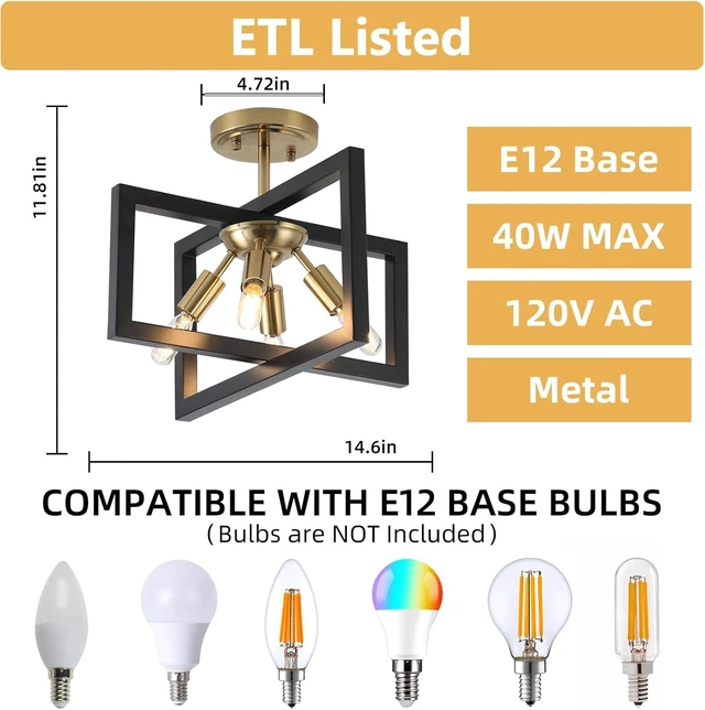 Alt view image 4 of 7 - Semi-Flush Mount Ceiling Light - Modern Industrial Light Fixture Black and Gold,4-Light Candelabra Lighting Ceiling Lamp for Kitchen Foyer Entryway Hallway Bedroom Closet