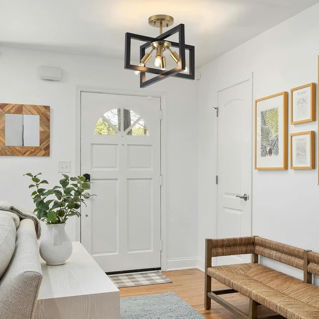 Alt view image 6 of 7 - Semi-Flush Mount Ceiling Light - Modern Industrial Light Fixture Black and Gold,4-Light Candelabra Lighting Ceiling Lamp for Kitchen Foyer Entryway Hallway Bedroom Closet