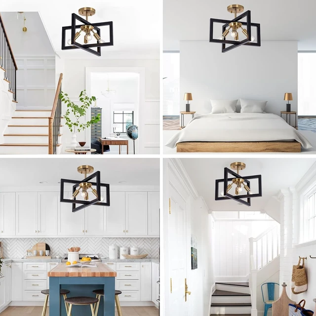 Alt view image 7 of 7 - Semi-Flush Mount Ceiling Light - Modern Industrial Light Fixture Black and Gold,4-Light Candelabra Lighting Ceiling Lamp for Kitchen Foyer Entryway Hallway Bedroom Closet