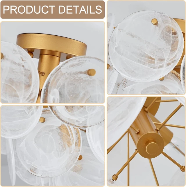 Alt view image 4 of 7 - Modern Flush Mount Glass Ceiling Light, Gold Hallway Lights Vintage Chandelier, 4-Light Unique Light Fixture for Bedroom Entryway Loft Kitchen Laundry Bathroom Farmhouse