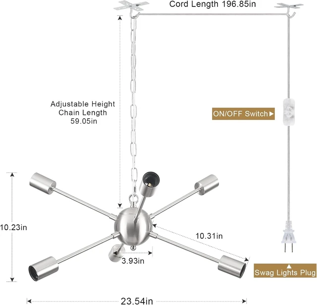Alt view image 2 of 7 - Hanging Lamp Plug in Chandelier 6 Lights Hanging Lights with Plug in Cord 16.4ft and On/Off Switch Brushed Nickel Plug in Pendant Ceiling Light Fixture for Dining Living Room Foyer