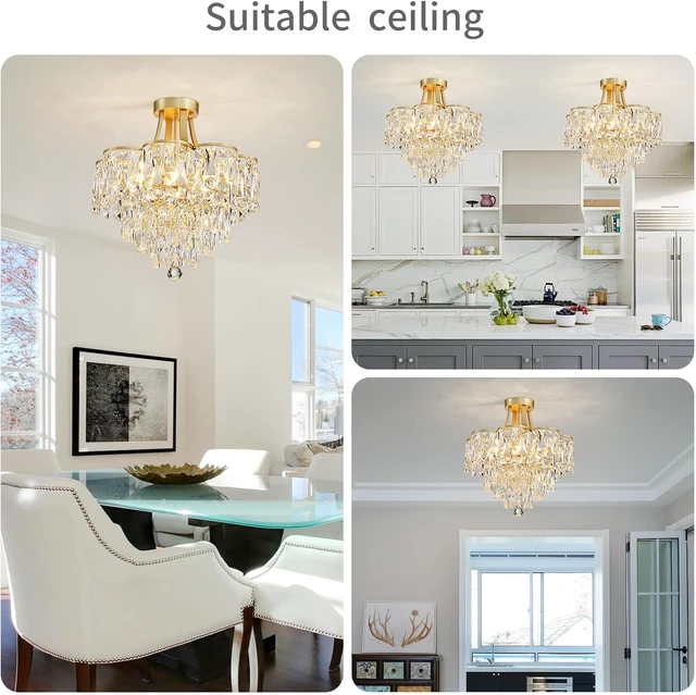 Alt view image 6 of 7 - WUZUPS Crystal Chandelier Semi-Flushmount Ceiling Light Modern Lighting Fixture for Bedroom Hallway Entry Kitchen Bathroom, H 19.3" x W 18.3", E12 Base, Gold