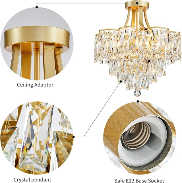 Alt view image 3 of 7 - WUZUPS Crystal Chandelier Semi-Flushmount Ceiling Light Modern Lighting Fixture for Bedroom Hallway Entry Kitchen Bathroom, H 19.3" x W 18.3", E12 Base, Gold