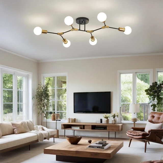 Alt view image 2 of 6 - Mid Century Gold and black Sputnik Semi Flush Mount Ceiling Light Fixture