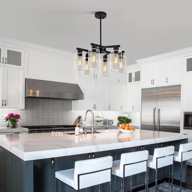 Alt view image 3 of 6 - 6-Light Modern Farmhouse Black Chandelier, Dining Room Light Fixture Over Table Adjustable Height Hanging Industrial Pendant Lights Kitchen Island, Clear Glass Shade