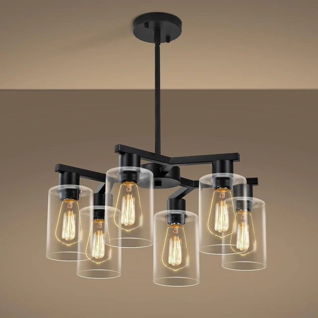 Main image of 6-Light Modern Farmhouse Black Chandelier, Dining Room Light Fixture Over Table Adjustable Height Hanging Industrial Pendant Lights Kitchen Island, Clear Glass Shade