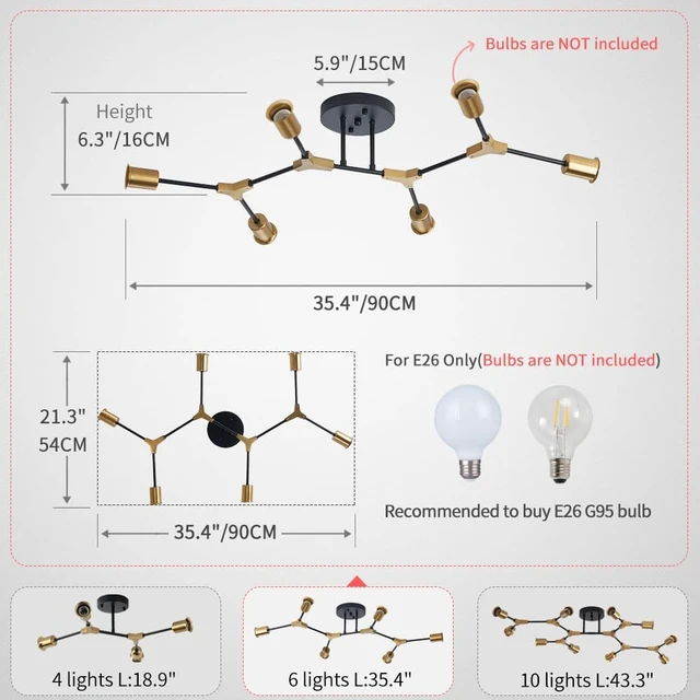 Alt view image 3 of 6 - Mid Century Gold and black Sputnik Semi Flush Mount Ceiling Light Fixture