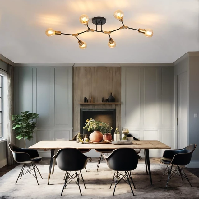 Alt view image 4 of 6 - Mid Century Gold and black Sputnik Semi Flush Mount Ceiling Light Fixture