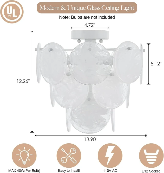 Alt view image 5 of 7 - Modern Glass Flush Mount Light Fixture, Hallway Ceiling Light Unique Chandelier, 4-Light Flush Mount Chandelier for Bedroom Entryway, White Finish