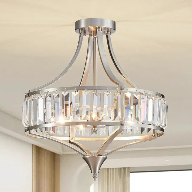 Main image of Brushed Nickel 4-Light Crystal Semi Flush Mount Ceiling Light Fixture Rustic Farmhouse Ceiling Lighting with Round Metal Shade Chandelier for Dining Room, Hallway, Bedroom, Foyer