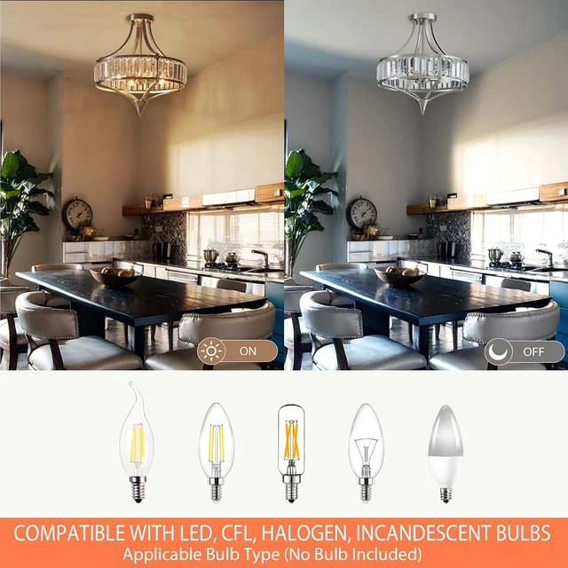 Alt view image 4 of 7 - Brushed Nickel 4-Light Crystal Semi Flush Mount Ceiling Light Fixture Rustic Farmhouse Ceiling Lighting with Round Metal Shade Chandelier for Dining Room, Hallway, Bedroom, Foyer