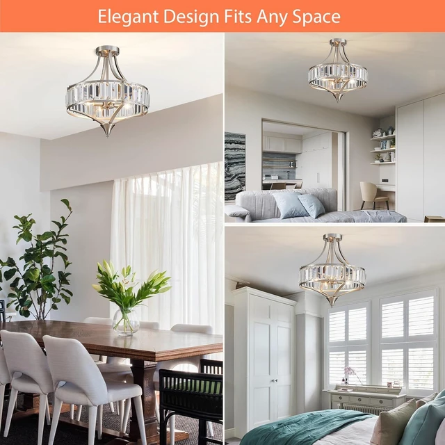 Alt view image 6 of 7 - Brushed Nickel 4-Light Crystal Semi Flush Mount Ceiling Light Fixture Rustic Farmhouse Ceiling Lighting with Round Metal Shade Chandelier for Dining Room, Hallway, Bedroom, Foyer