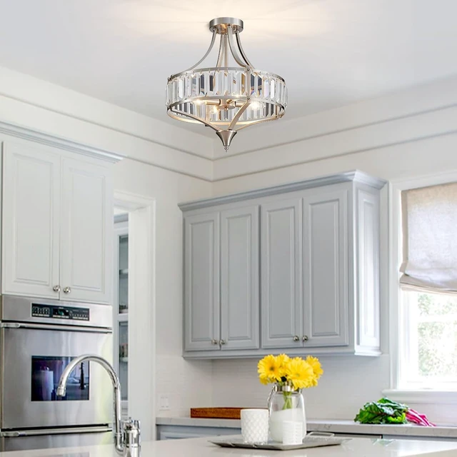 Alt view image 2 of 7 - Brushed Nickel 4-Light Crystal Semi Flush Mount Ceiling Light Fixture Rustic Farmhouse Ceiling Lighting with Round Metal Shade Chandelier for Dining Room, Hallway, Bedroom, Foyer
