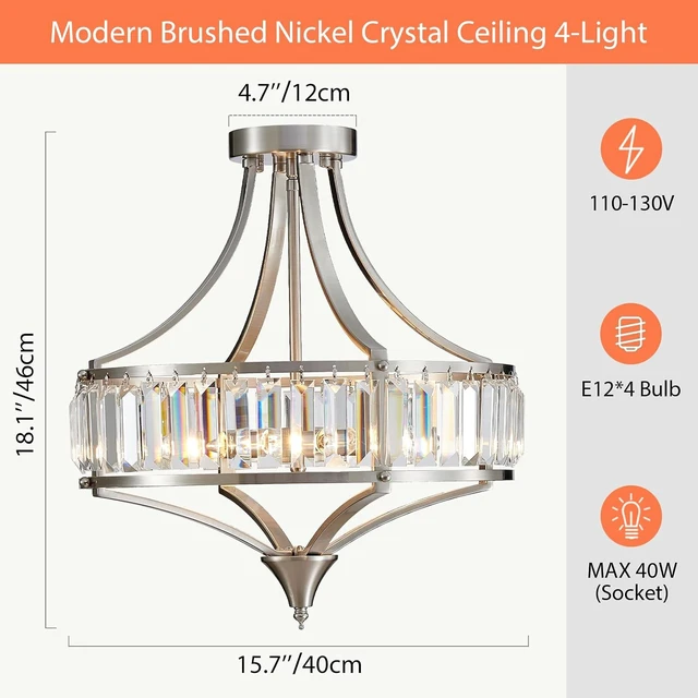Alt view image 3 of 7 - Brushed Nickel 4-Light Crystal Semi Flush Mount Ceiling Light Fixture Rustic Farmhouse Ceiling Lighting with Round Metal Shade Chandelier for Dining Room, Hallway, Bedroom, Foyer