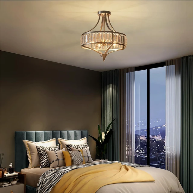 Alt view image 7 of 7 - Brushed Nickel 4-Light Crystal Semi Flush Mount Ceiling Light Fixture Rustic Farmhouse Ceiling Lighting with Round Metal Shade Chandelier for Dining Room, Hallway, Bedroom, Foyer