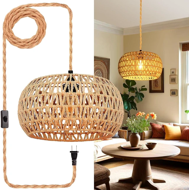 Main image of Hanging Lights with Plug in Cord Rattan Hanging Lamp Boho Ceiling Light Fixtures Farmhouse Pendant Lamp Shape for Living Room Bedroom Kitchen