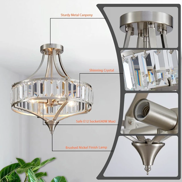 Alt view image 5 of 7 - Brushed Nickel 4-Light Crystal Semi Flush Mount Ceiling Light Fixture Rustic Farmhouse Ceiling Lighting with Round Metal Shade Chandelier for Dining Room, Hallway, Bedroom, Foyer