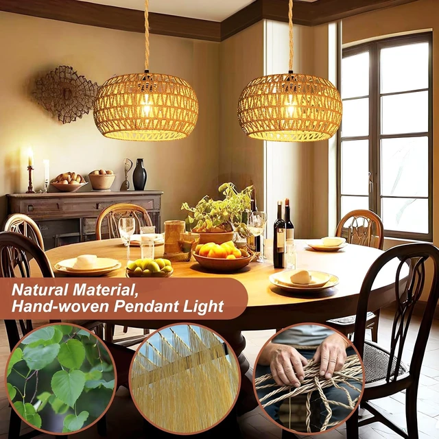 Alt view image 2 of 7 - Hanging Lights with Plug in Cord Rattan Hanging Lamp Boho Ceiling Light Fixtures Farmhouse Pendant Lamp Shape for Living Room Bedroom Kitchen