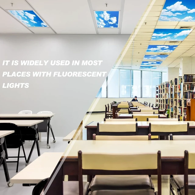 Alt view image 3 of 6 - Amylove 4 Pcs Fluorescent Light Covers Classroom Ceiling Panels Light Filters with Backlit Film Material for Office School, 4 x 2 Feet (White, Blue,Cloud)