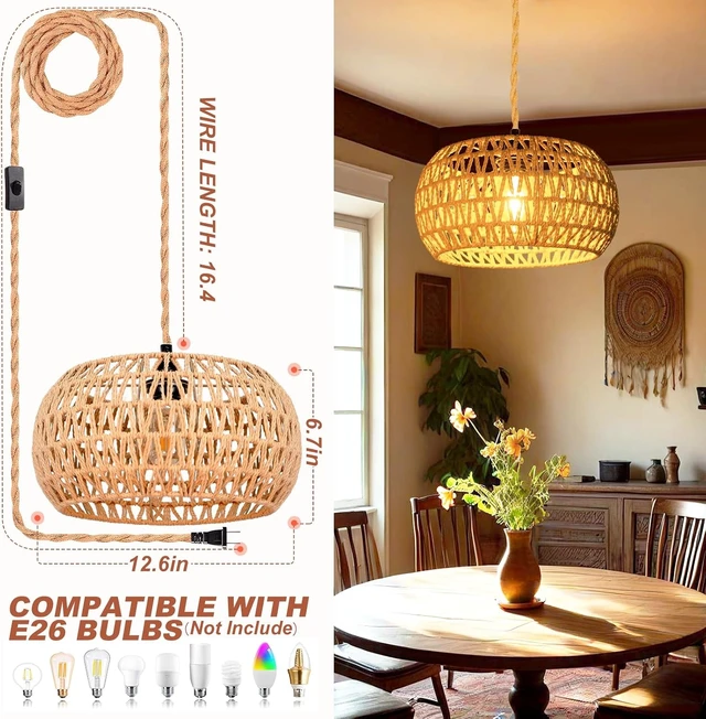 Alt view image 4 of 7 - Hanging Lights with Plug in Cord Rattan Hanging Lamp Boho Ceiling Light Fixtures Farmhouse Pendant Lamp Shape for Living Room Bedroom Kitchen