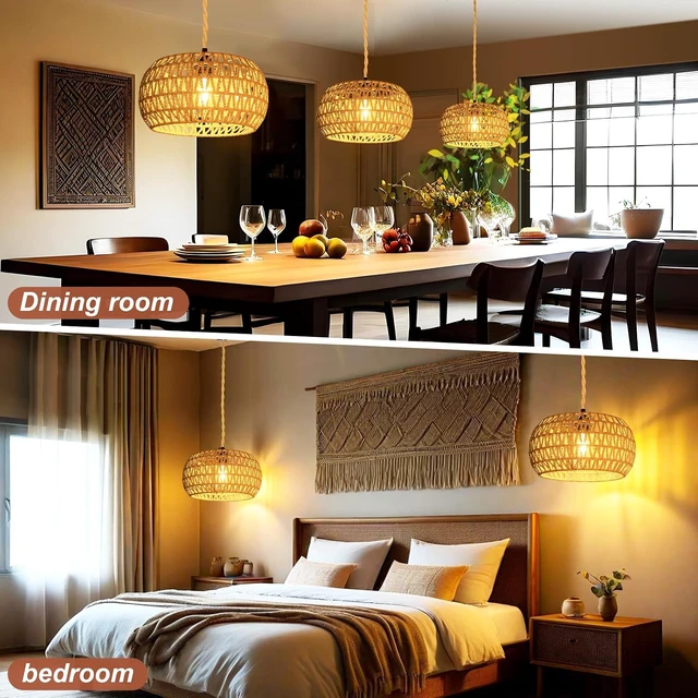 Alt view image 6 of 7 - Hanging Lights with Plug in Cord Rattan Hanging Lamp Boho Ceiling Light Fixtures Farmhouse Pendant Lamp Shape for Living Room Bedroom Kitchen
